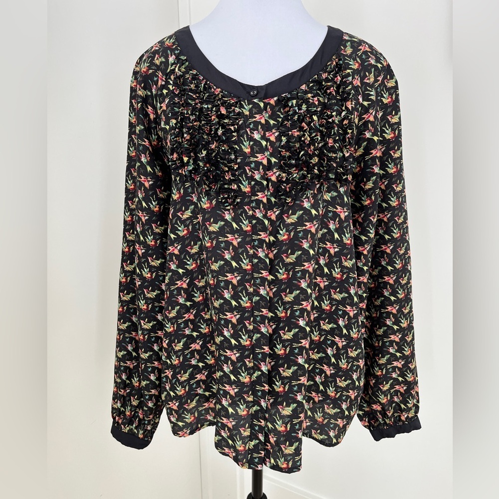 INWEAR 100% Silk Lotikka Blouse Button Front Scoop Neck Bird Pattern Tux Ruffle